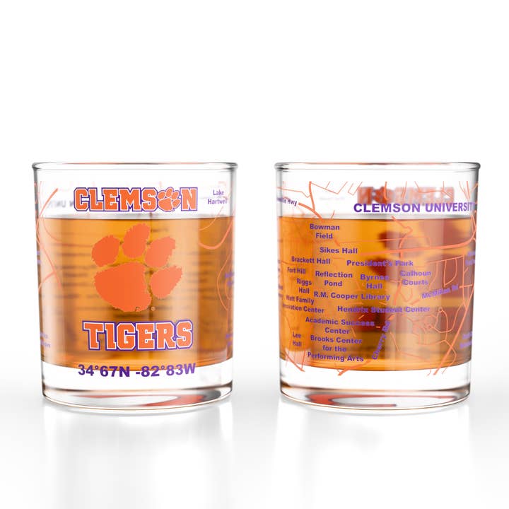 University of Clemson Tigers College Whiskey Glasses (Set of 2), 10 oz – Full-Color Logo + Campus Map for wholesale by Greenline Goods