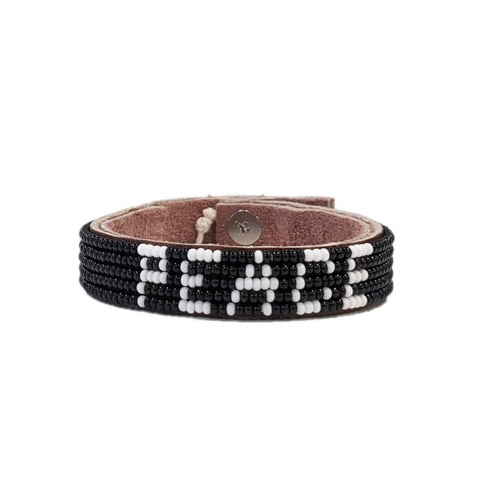 Small Peace Beaded Leather Cuff - Black - Affirmations for wholesale by Swahili Coast