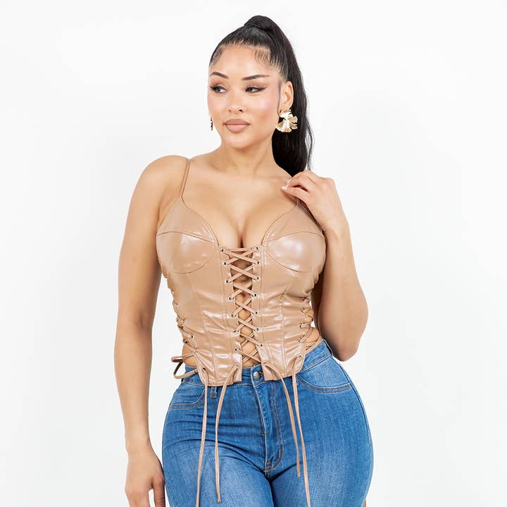 T6686 FAUX LEATHER CORSET TOP WITH EYELETS for wholesale by Uptown Apparel