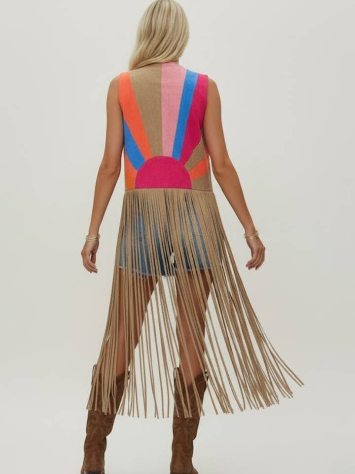 MAXI FARVEBLOK SOLNEDGANG IMITERET RUSKINDSVEST W6312JIB TAN for engroshandel hos WISTERIA LANE