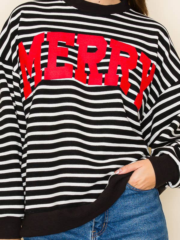 Tres Bien, Inc - Wholesale T-Shirt (Graphic) - Women's - "MERRY" STRIPE L/S GRAPHIC SWEATSHIRT