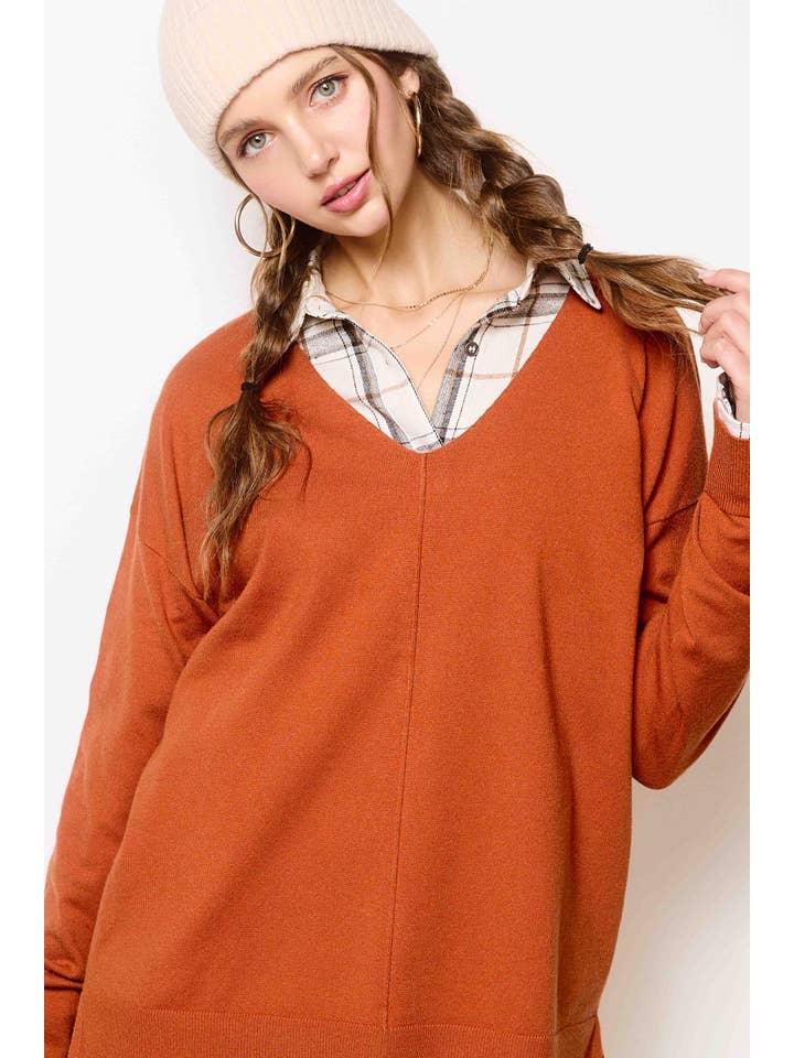 La Miel - Wholesale Knit Sweater - Women's - JBS3122-Stretchy V-neck Long Sleeve Lightweight Knit Top