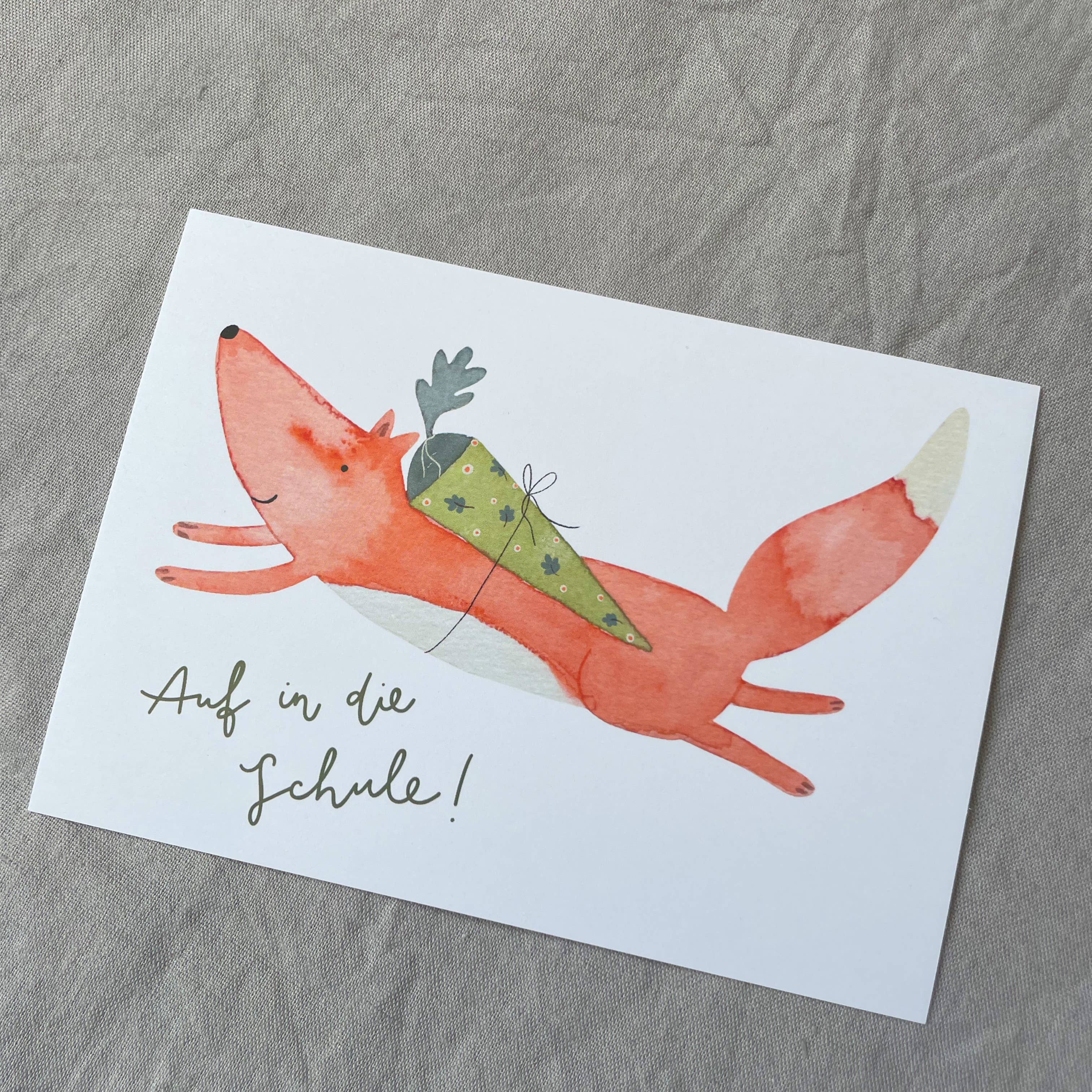 Hannahs Firlefanz - Wholesale Postcard - Card for school enrollment fox, school bag1