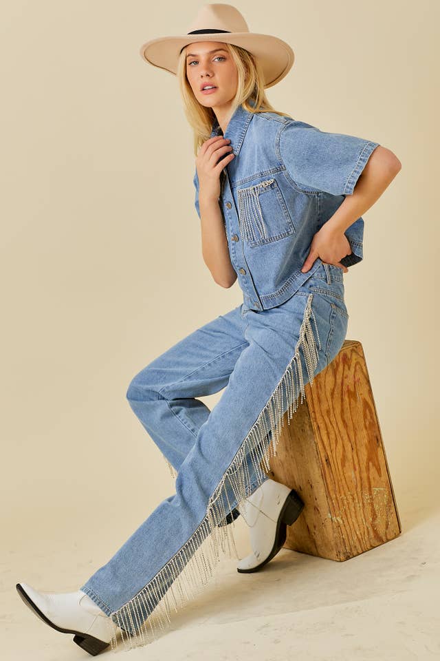 Side And Back Rhinestone Fringe Trim Denim Pants for wholesale on Faire16