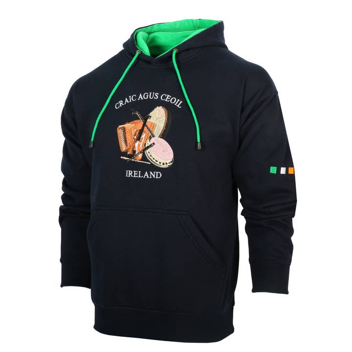Craic & Ceoil Navy Hoodie with Irish Instruments Embroidery for wholesale by Dublin Gift Company