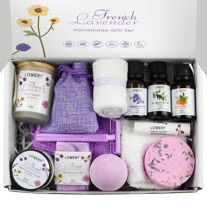 Lovery - Wholesale Bath & Body Set - Handmade Bath Gift Set, French Lavender Spa Gift Box, 18pcs