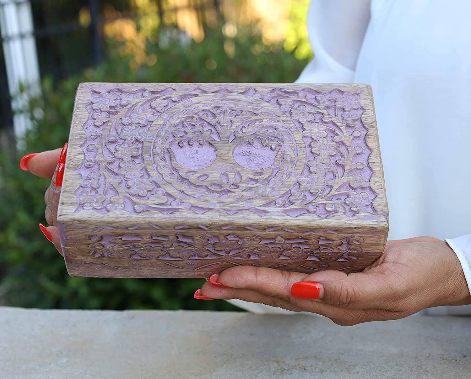 Lungta Imports - Wholesale Decorative Box - Large Hand Carved Tree of Life Wooden Box Keepsake Storage M7