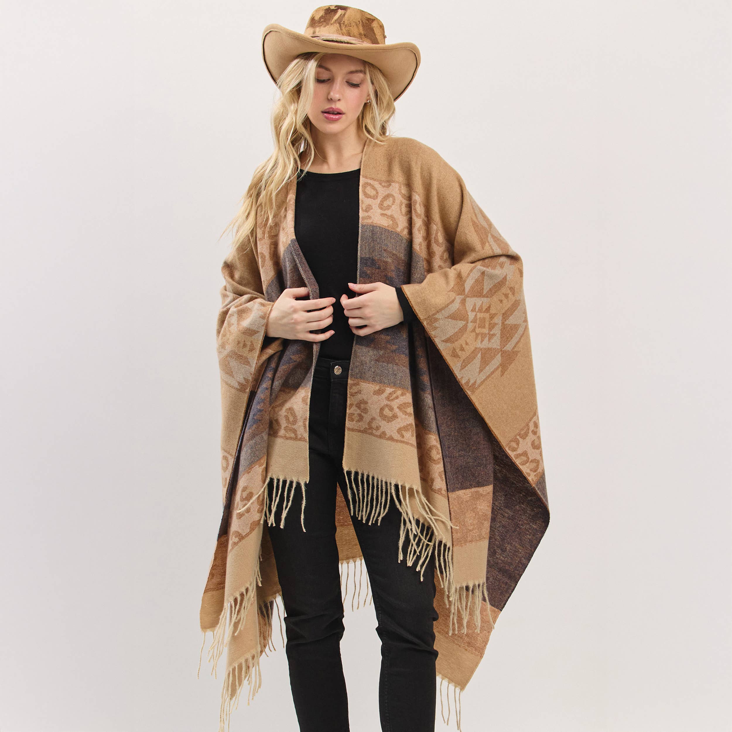 Hana – wholesale Kimono – Women's – Aztec Leopard Pattern Western Style Fringe Ruana10