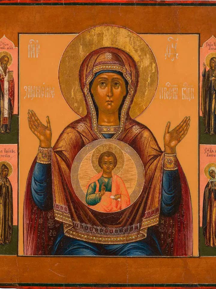 Guds Moder Jungfru Maria Theotokos "Tecknet" med helgon. Träikon i ortodox stil. för wholesale av Iconsofsaints