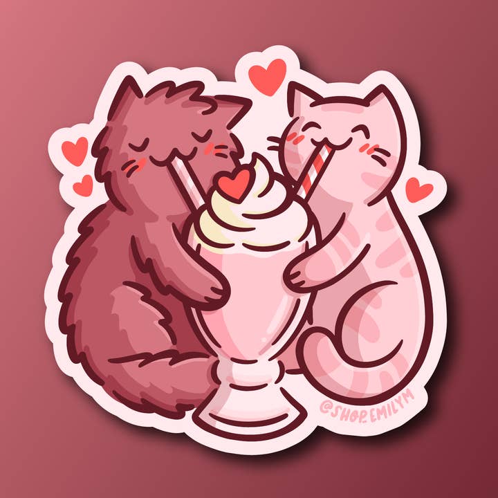Valentine's Day Milkshake Cats Sticker for wholesale by Shop Emily M