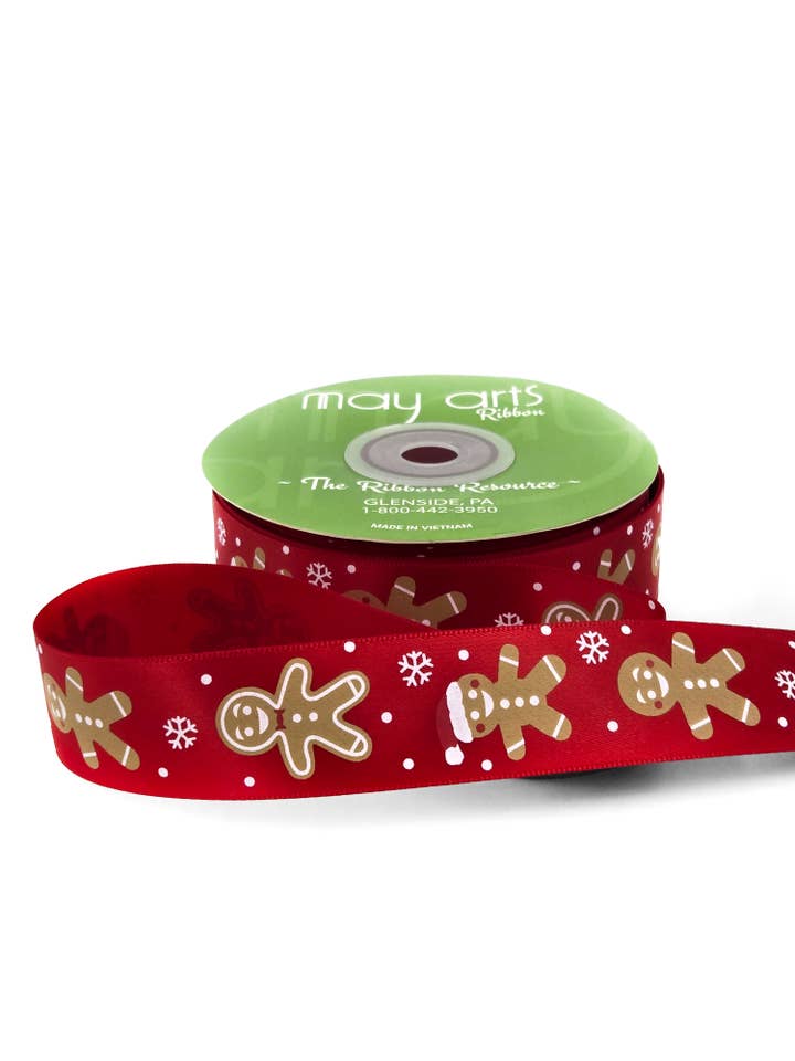 1" Gingerbread Man Juletrykbånd, Rød for engroshandel hos May Arts Ribbon