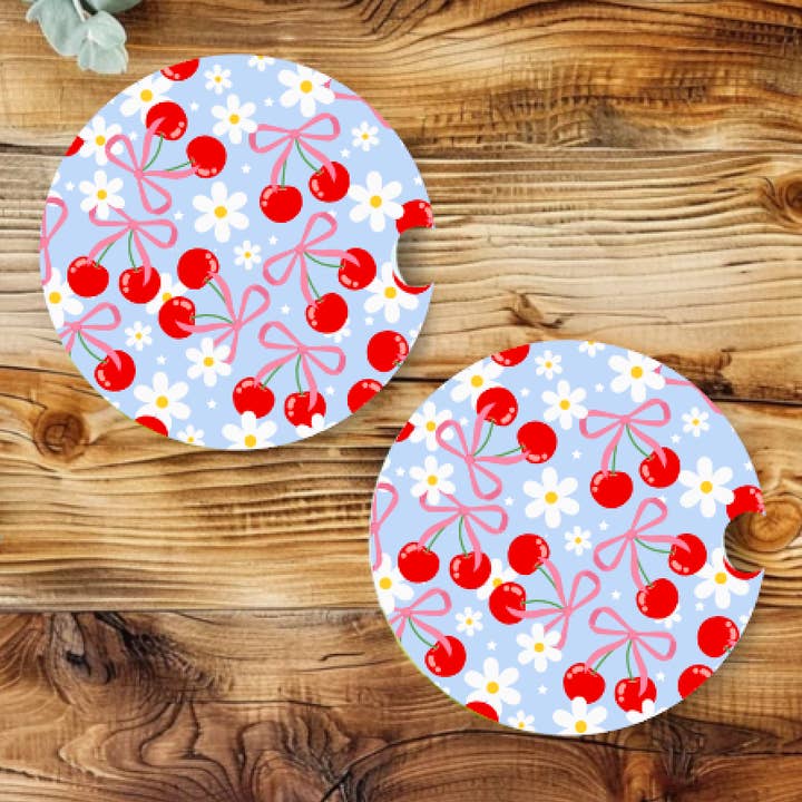 Cherries & Bows Neoprene Car Coaster Set for wholesale by Prairie Chicken Sticker Shop & Gifts
