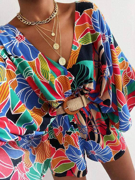 floral pattern print bell sleeve romper for wholesale by Fashion Combination
