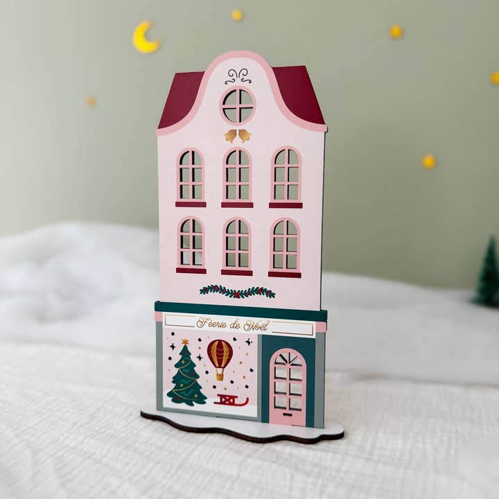 Print Your Love - Venta al por mayor Decoración navideña - Casa de Navidad y su tienda - madera pintada - Mini-mundo Navidad2