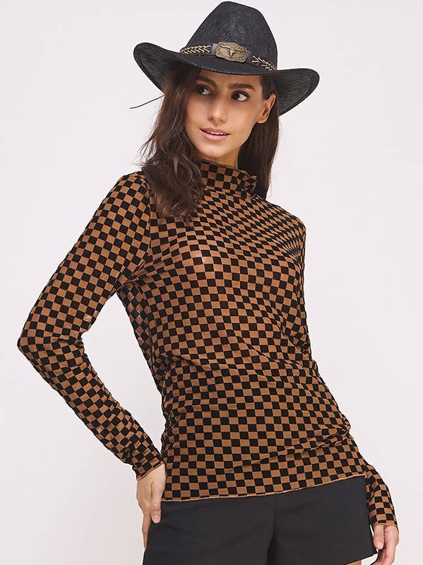 JADE BY JANE – wholesale Knit top – Women's – LONG SLEEVE CHECKERED MESH MOCK NECK TOP11