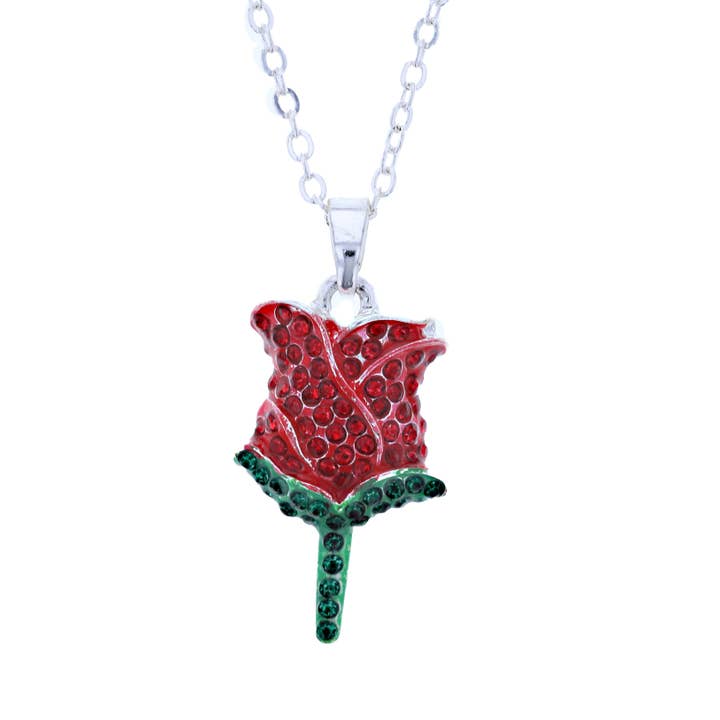 Silver Tone Red Rose Pend Halsband w Röda & Gröna Kristaller för wholesale av Luxe on Main LLC