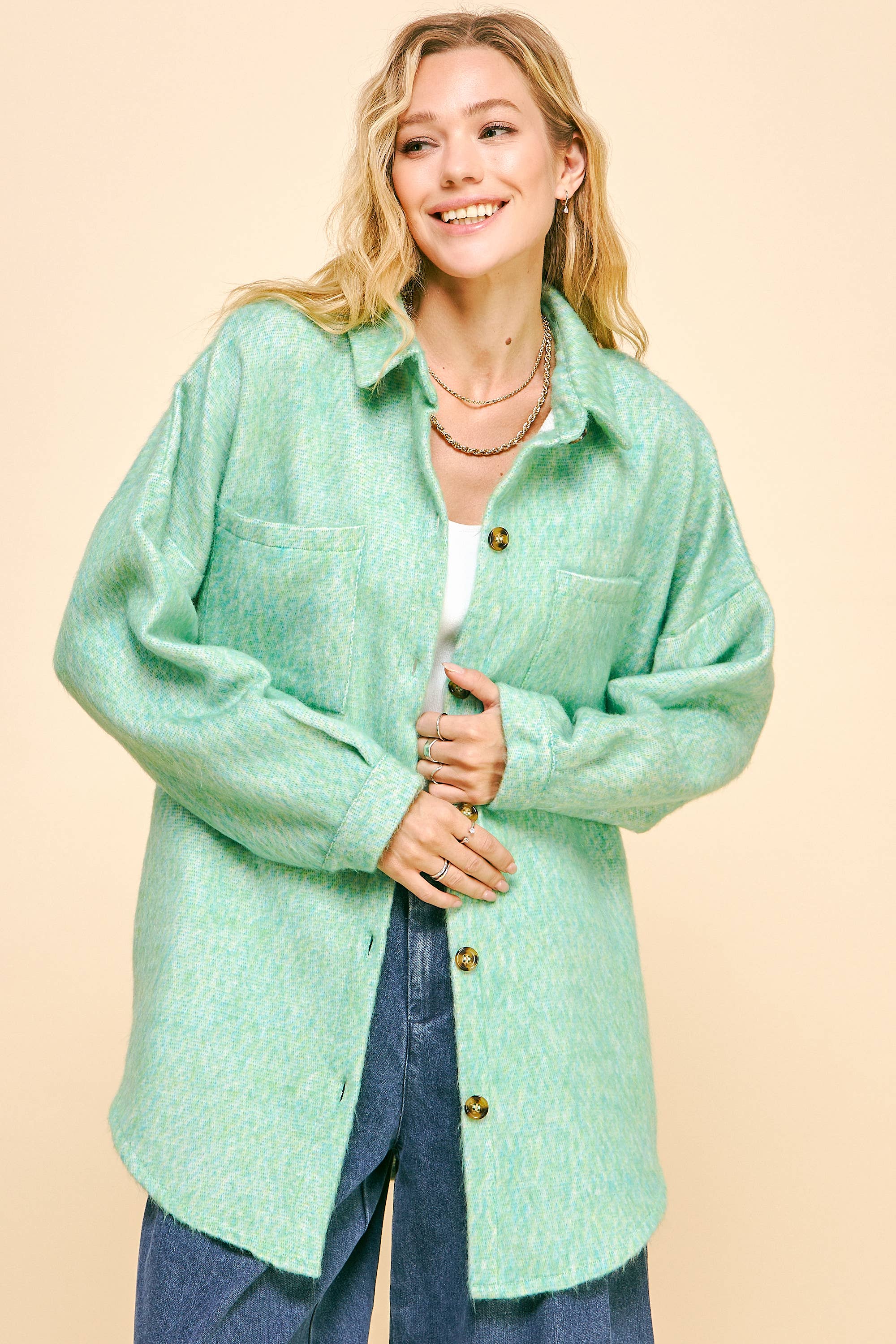 MINT GREEN PLUS FUZZY TEXTURED CHEST POCKET BUTTON UP JACKET for wholesale on Faire1