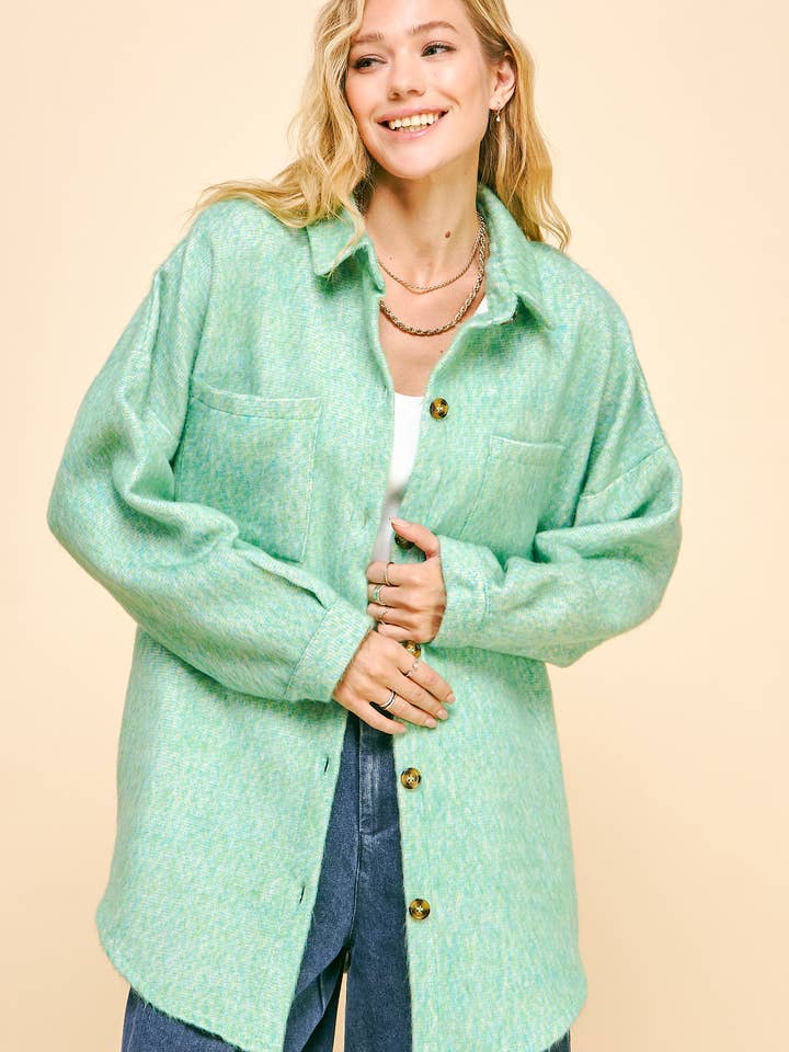 MINT GREEN PLUS FUZZY TEXTURED CHEST POCKET BUTTON UP JACKET for wholesale on Faire1