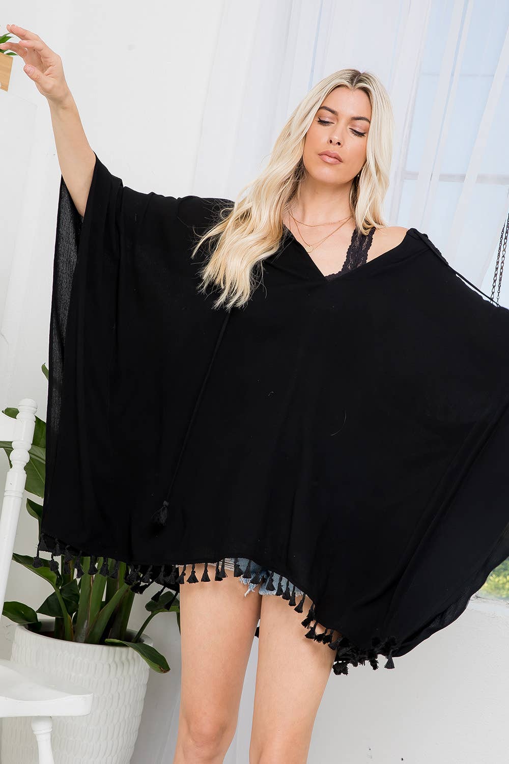 Sweet Lovely by Jen - Vente Cache-maillot – femme - Poncho d'été à capuche avec cordon et pompons13