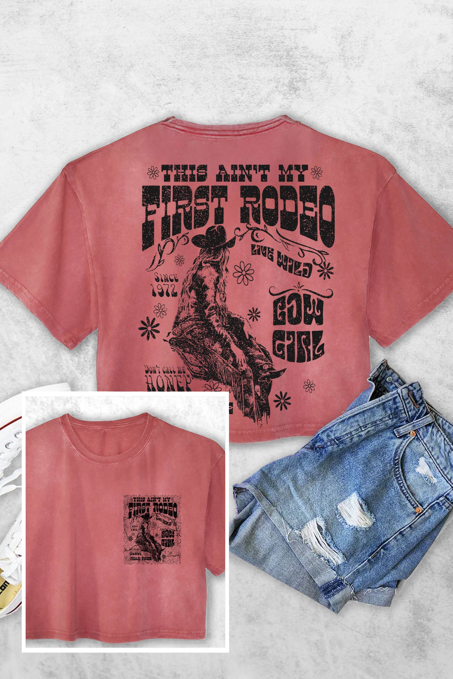 Rustee Clothing - Wholesale Screen Printed T-Shirt - Women's - THIS AINT MY FIRST RODEO COWBOY F&B WOMENS VINTAGE CROP TOP4