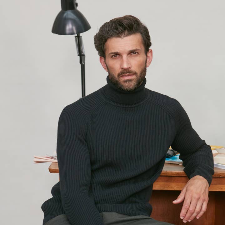 Mens Midweight Cotton Ribbed Roll Neck Jumper for wholesale by Paul James Knitwear