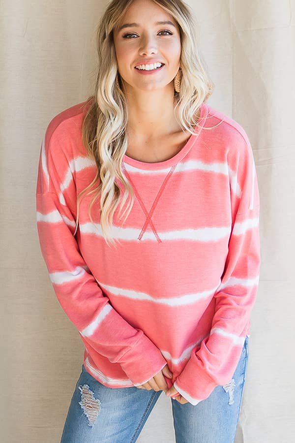 7th Ray – Engroshandel Strikket top - Dame – Stribet Tie Dye V-søm Drop Shoulder Langærmet Top T356528