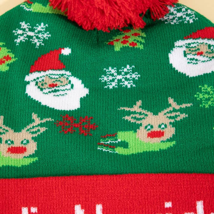MULTI Feliz Navidad Christmas Theme Pom Pom Beanie for wholesale on Faire1