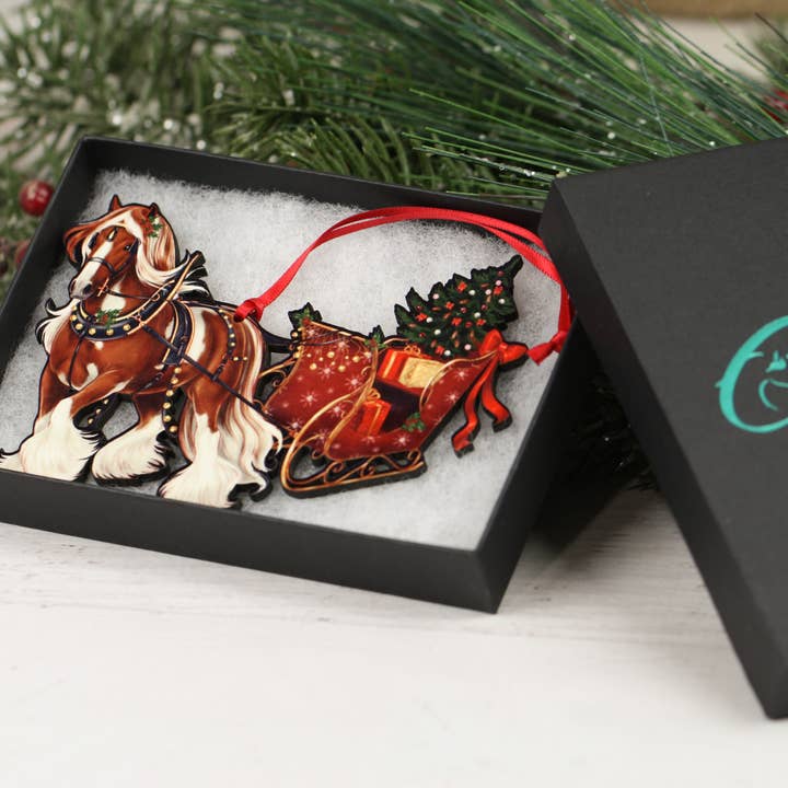 Classy Equine - Wholesale Ornament - Chestnut Tobiano Gypsy Cob Horse Sleigh Christmas Ornament5