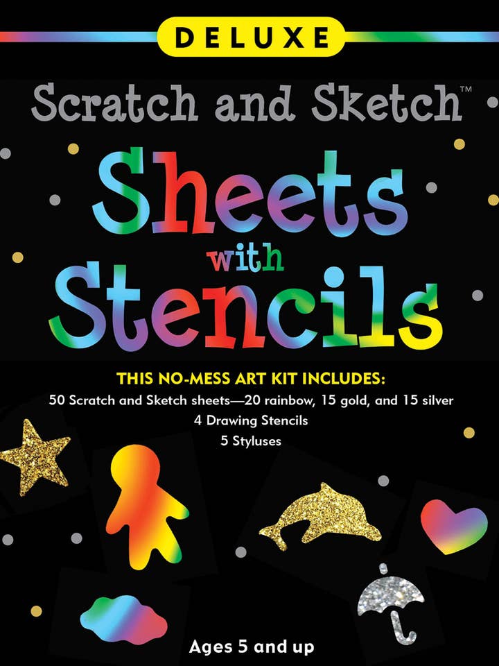 Deluxe Scratch and Sketch Kit (50 Assorted Sheets with Bonus Stencils) for wholesale by Peter Pauper Press