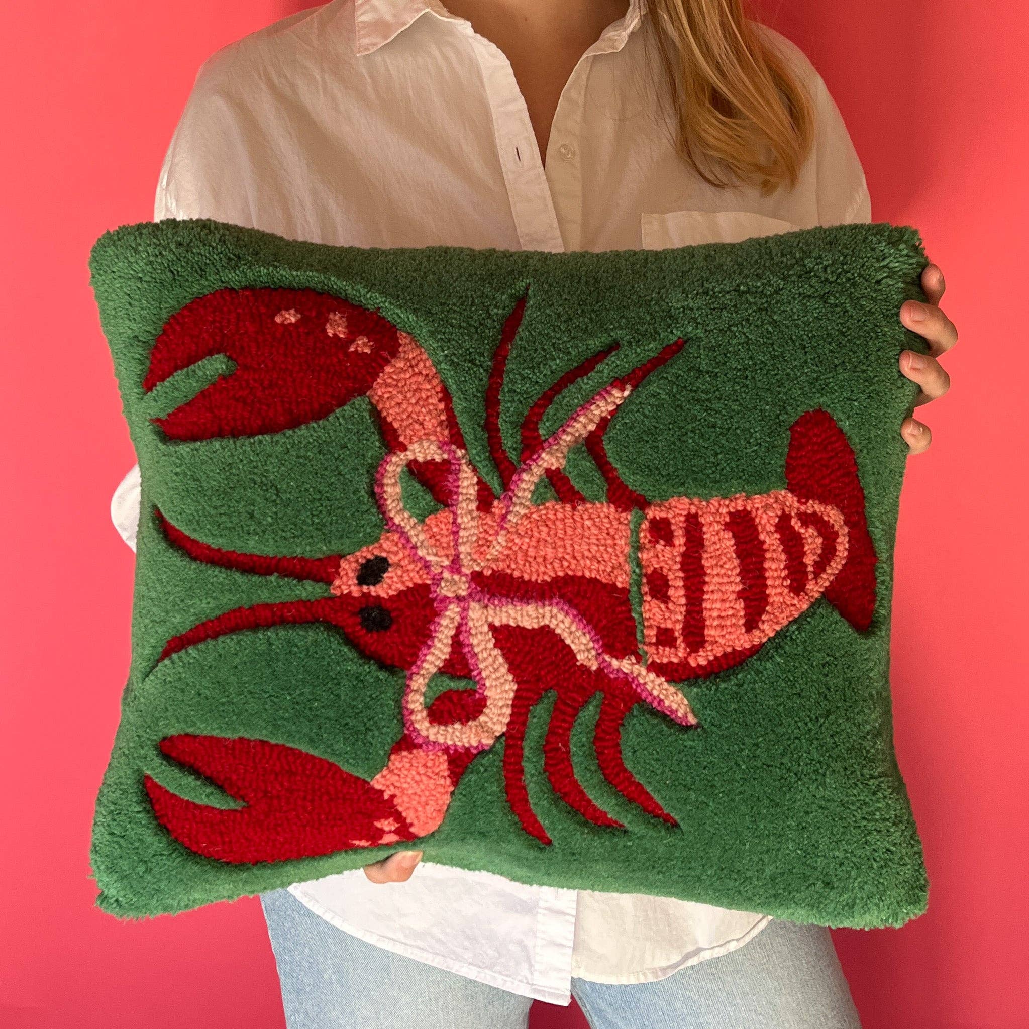 Madcap Cottage - Wholesale Throw/Decorative Pillow - Green Lobster Hooked-Wool Throw Pillow1