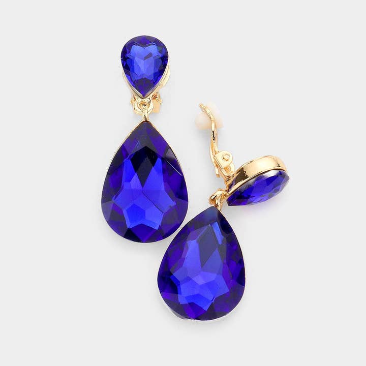 Madeline Love - Wholesale Clip-On Earrings - Double Teardrop Stone Link Clip on Evening Earrings9