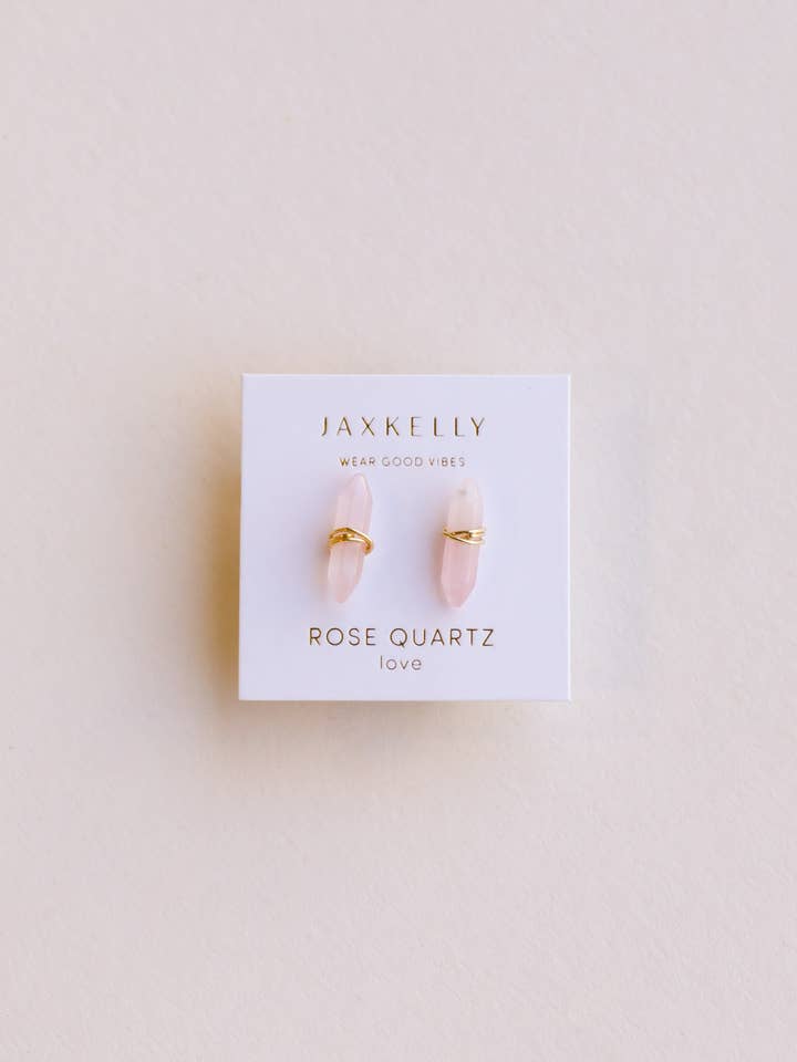 Mineral Point - Rose Quartz - Gold Wire Wrapped Earrings for wholesale by JaxKelly