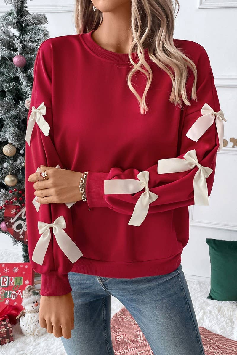 NINEXIS - Vente Chemisier – femme - CWTBLL4035_PULL DE NOËL À COL ROND AVEC NŒUD ROUGE1