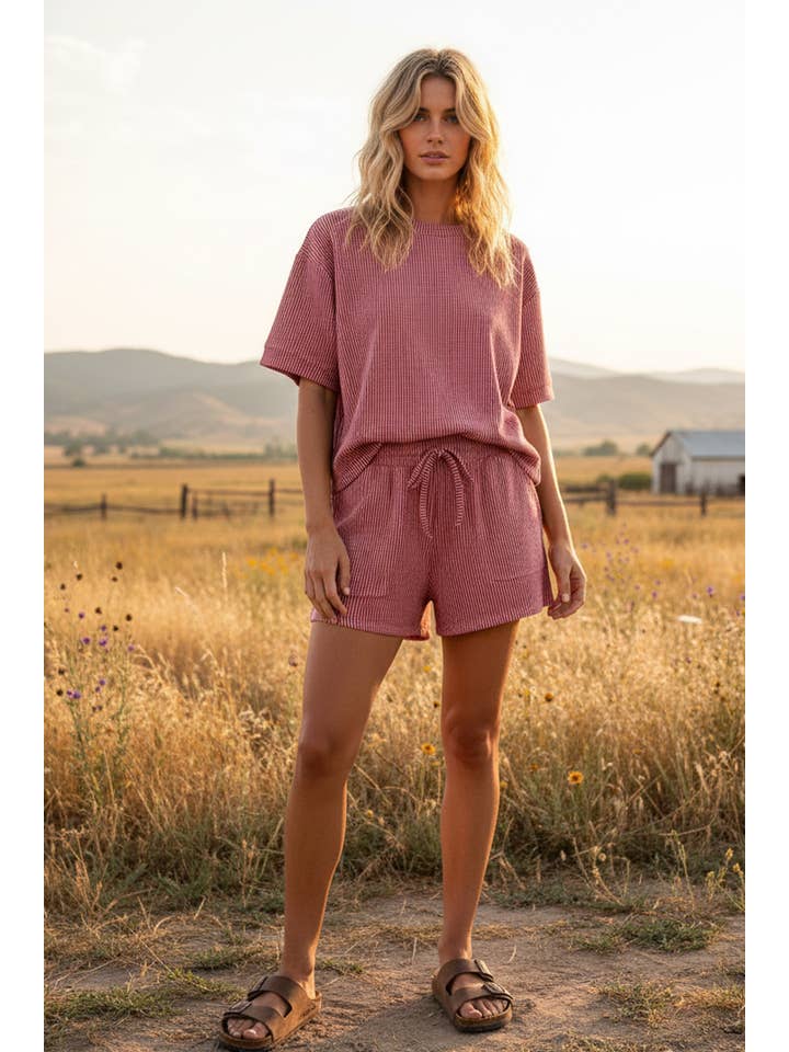 Sewn and Seen - Wholesale Lounge Set - Women's - RIBBED ROUND NECK TOP AND SHORTS SET58