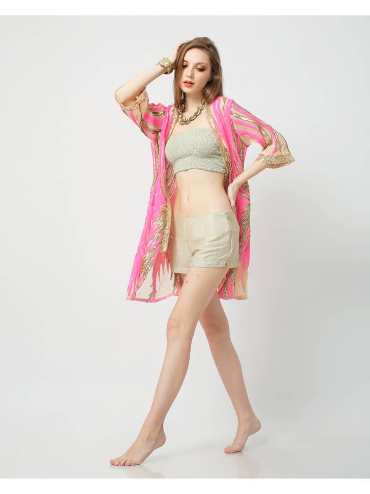Festivo kimonos - Vente Kimono – femme - Kimono à sequins roses et dorés - Veste scintillante - Cover Up