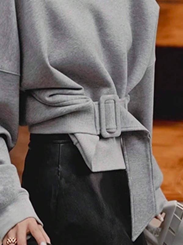 UZ Wholesale Store – Sweatshirt - Mulher por atacado – Camisola de Manga Comprida com Cinto Solto, Fivela, Cor Sólida e Gola Redonda3
