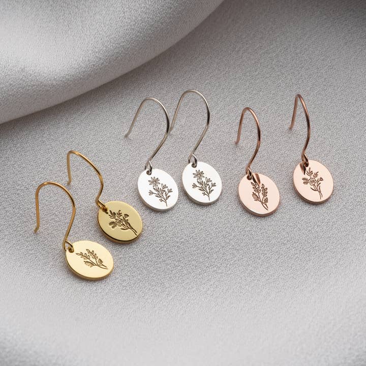 Personalized Birth Flower Earrings Custom Floral Jewelry for wholesale by Tina Custom Jewelry