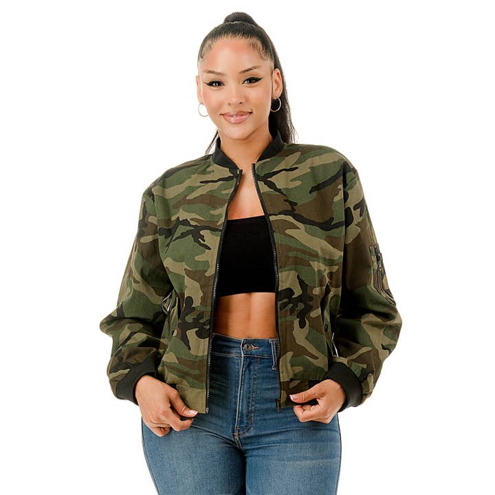 Plus Size Long Sleeve Front Zipper Closure Camo Bomber Jacke for wholesale on Faire2