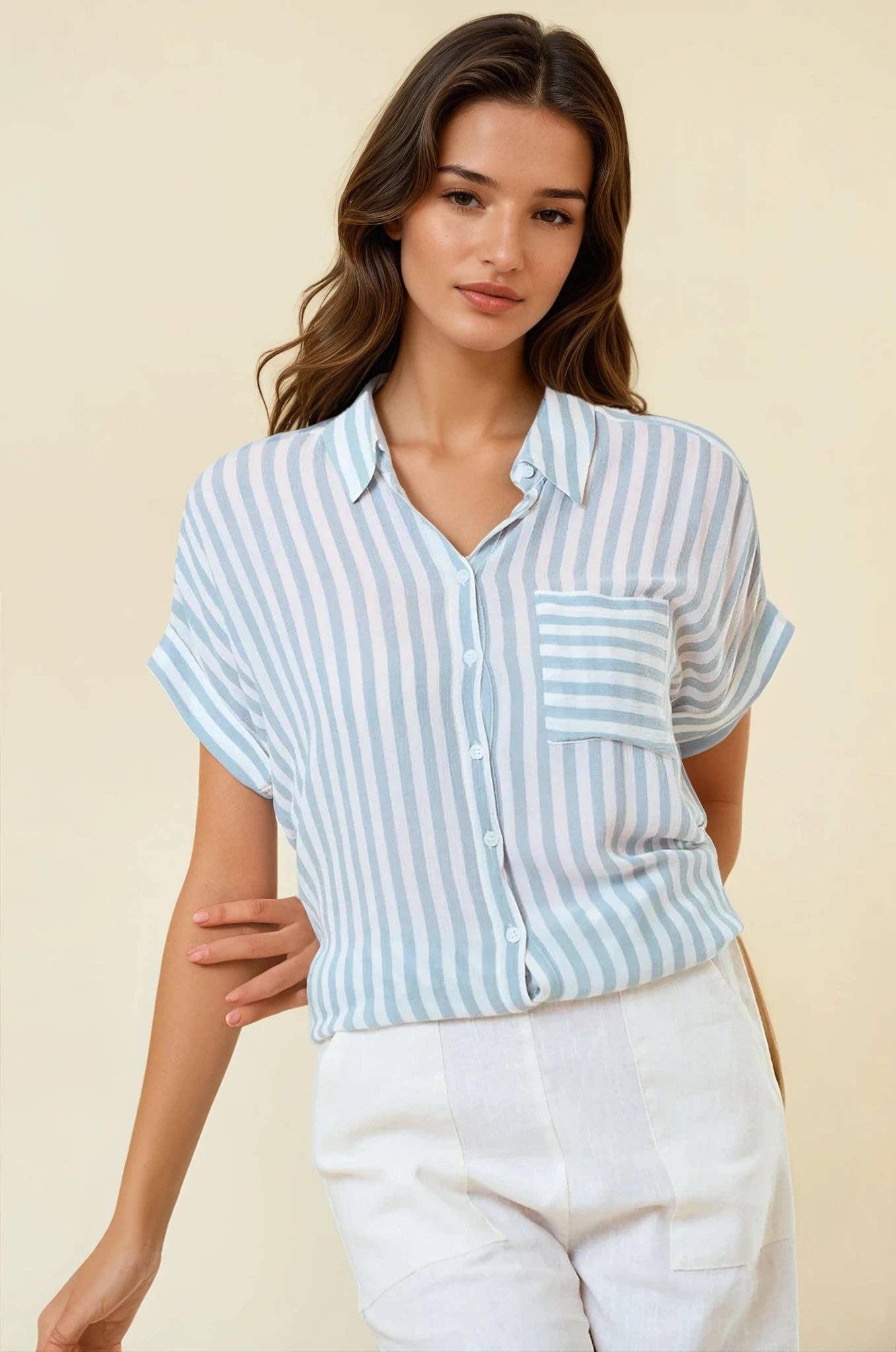 White Dusty Blue Striped Short Sleeve Shirt With Rolled Cuffs - 41321T for wholesale on Faire1