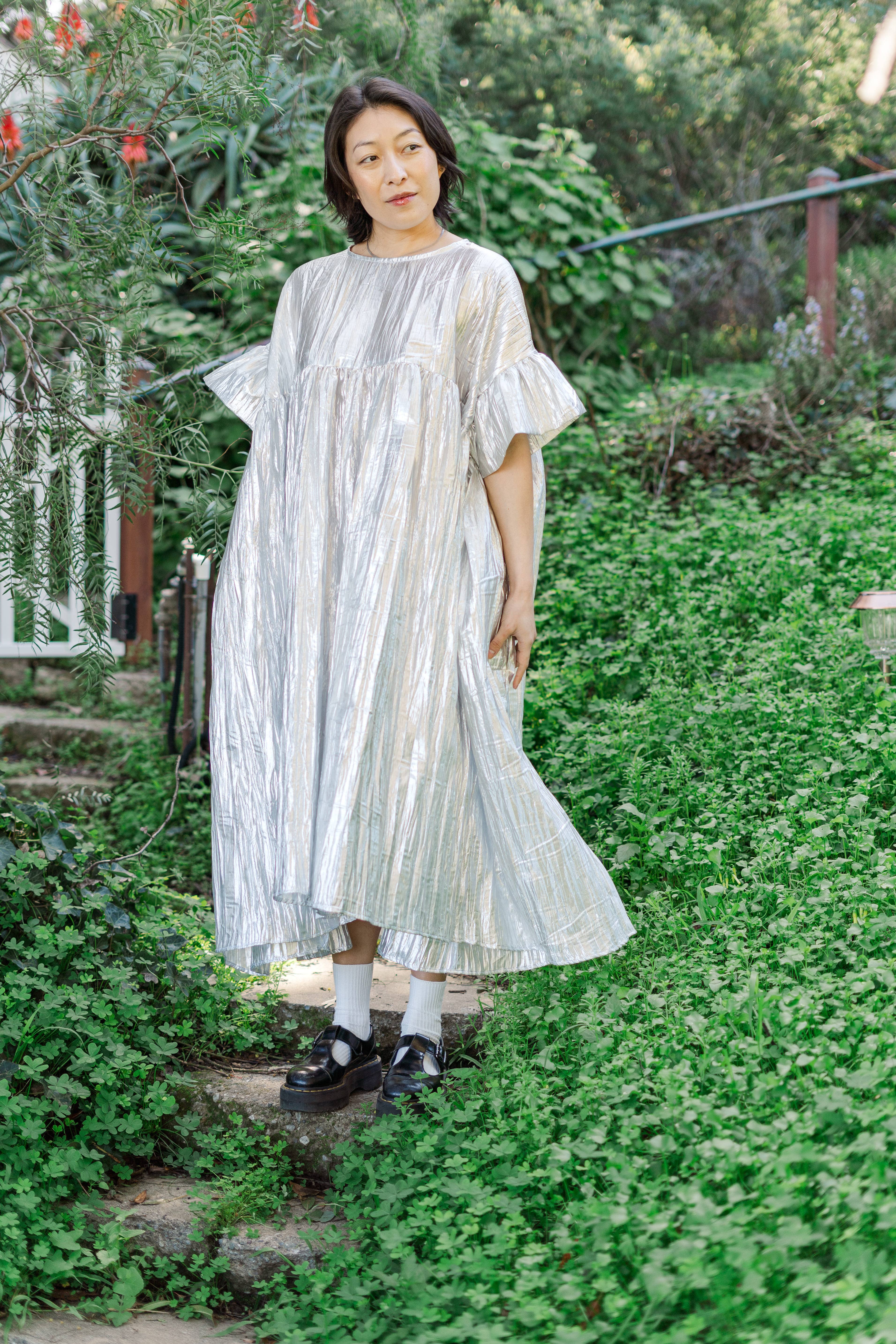 Nettle Studios - Wholesale Dress - Women's - Size Inclusive Plus Size Silver Metallic Ruffle Maxi Dress1