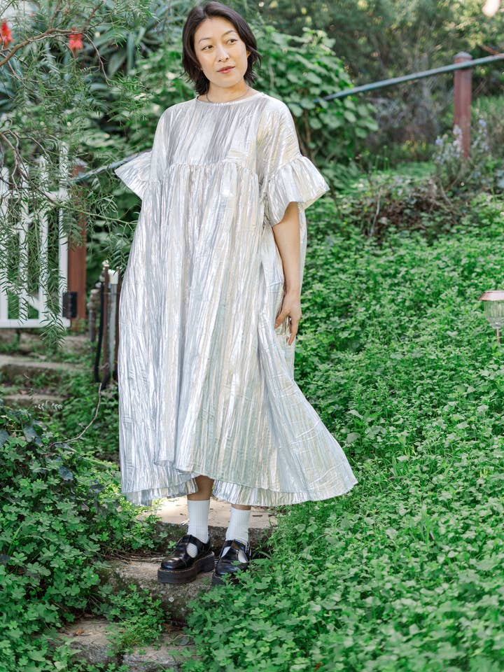 Nettle Studios - Wholesale Dress - Women's - Size Inclusive Plus Size Silver Metallic Ruffle Maxi Dress1