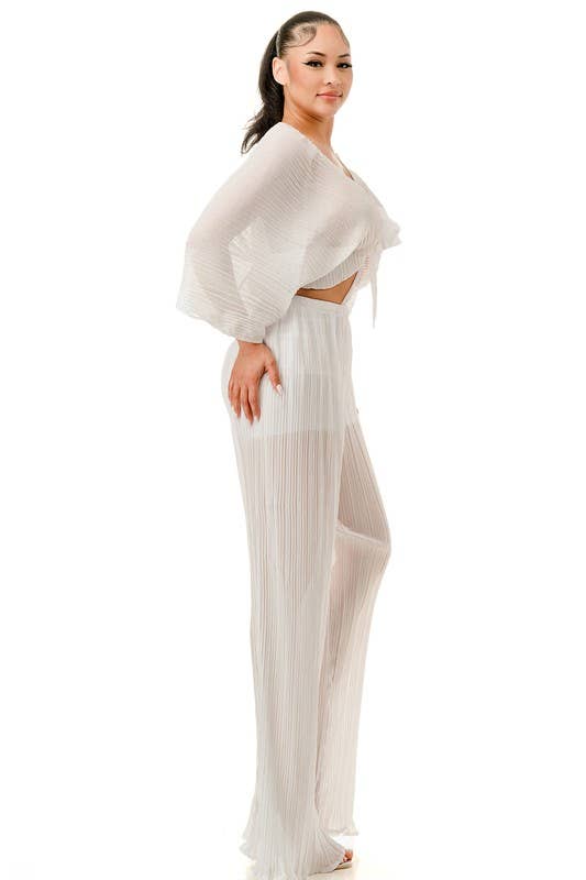 Namatt Design – wholesale Top & pants set (NOT Loungewear) – Women's – Plus Front Tie Billowing Pleated Crop Top & Pants Set2