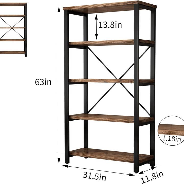 ShipItFurniture - Wholesale Bookcase - 5 Tier Industrial Solid Wood Bookshelf with Metal Frame