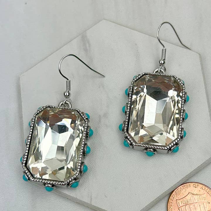 ER241130-02-CLEAR Silver metal with clear crystal and blue turquoise stone Earrings for wholesale by Western Elite Jewelry