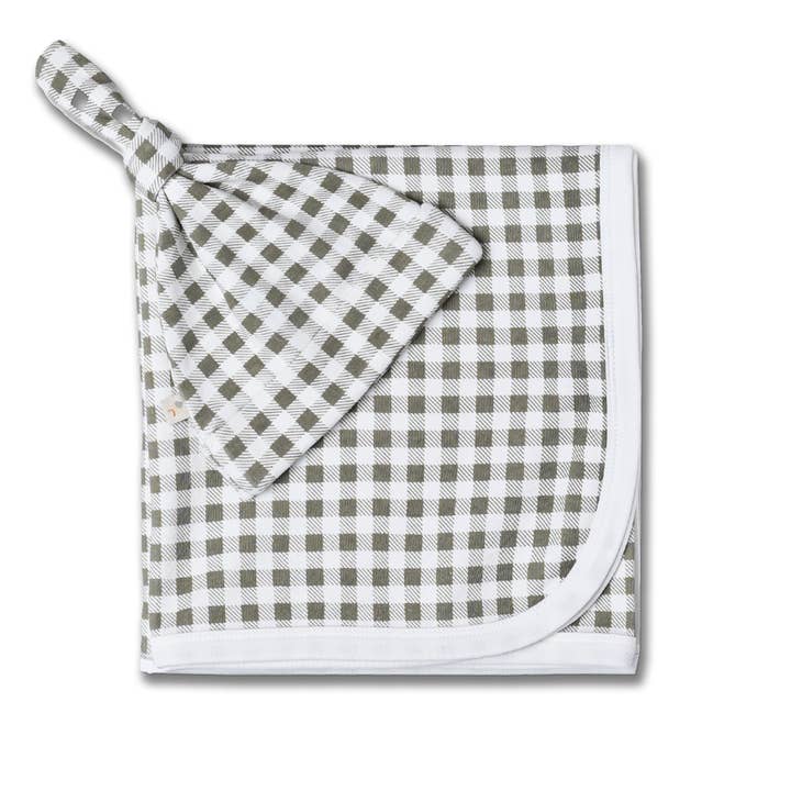 Organic Swaddle Blanket & Hat Set - Olive Gingham for wholesale by Makemake Organics