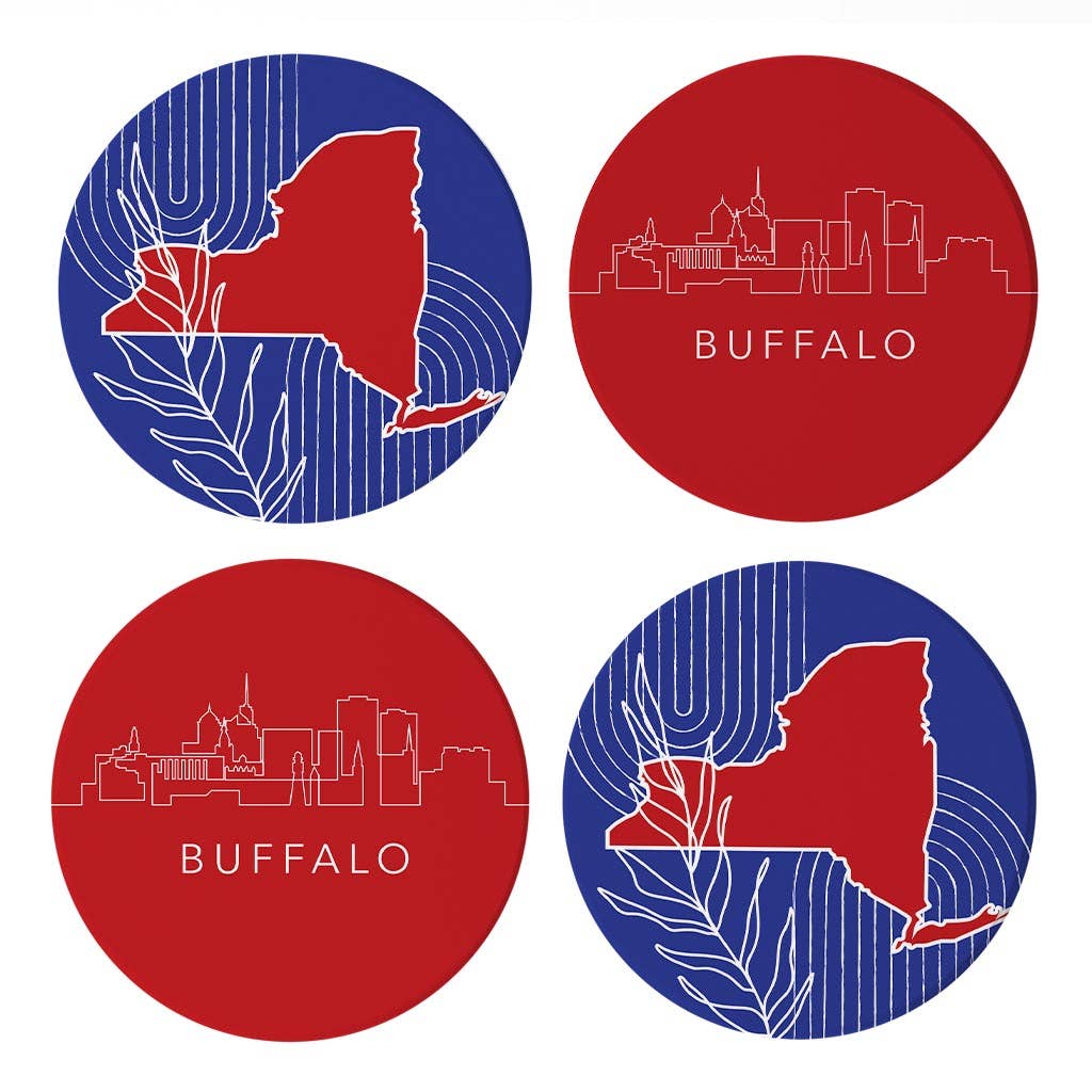 Love Local - Wholesale Coasters - Red White And Blue New York State Buffalo Skyline | Absorbent Coasters | Set of 4 | Min 20
