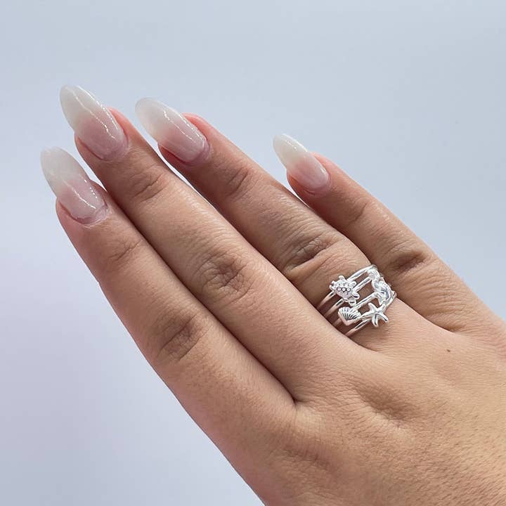 Milie - Wholesale Band/Stacked Ring - 925 Sterling Silver Ocean Themed Ring With Stamped Seahorse,3