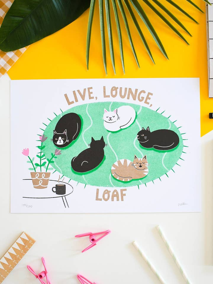 Live, Lounge, Loaf – Heavyweight Riso Print A3 for wholesale by Nat Ellis Illustration