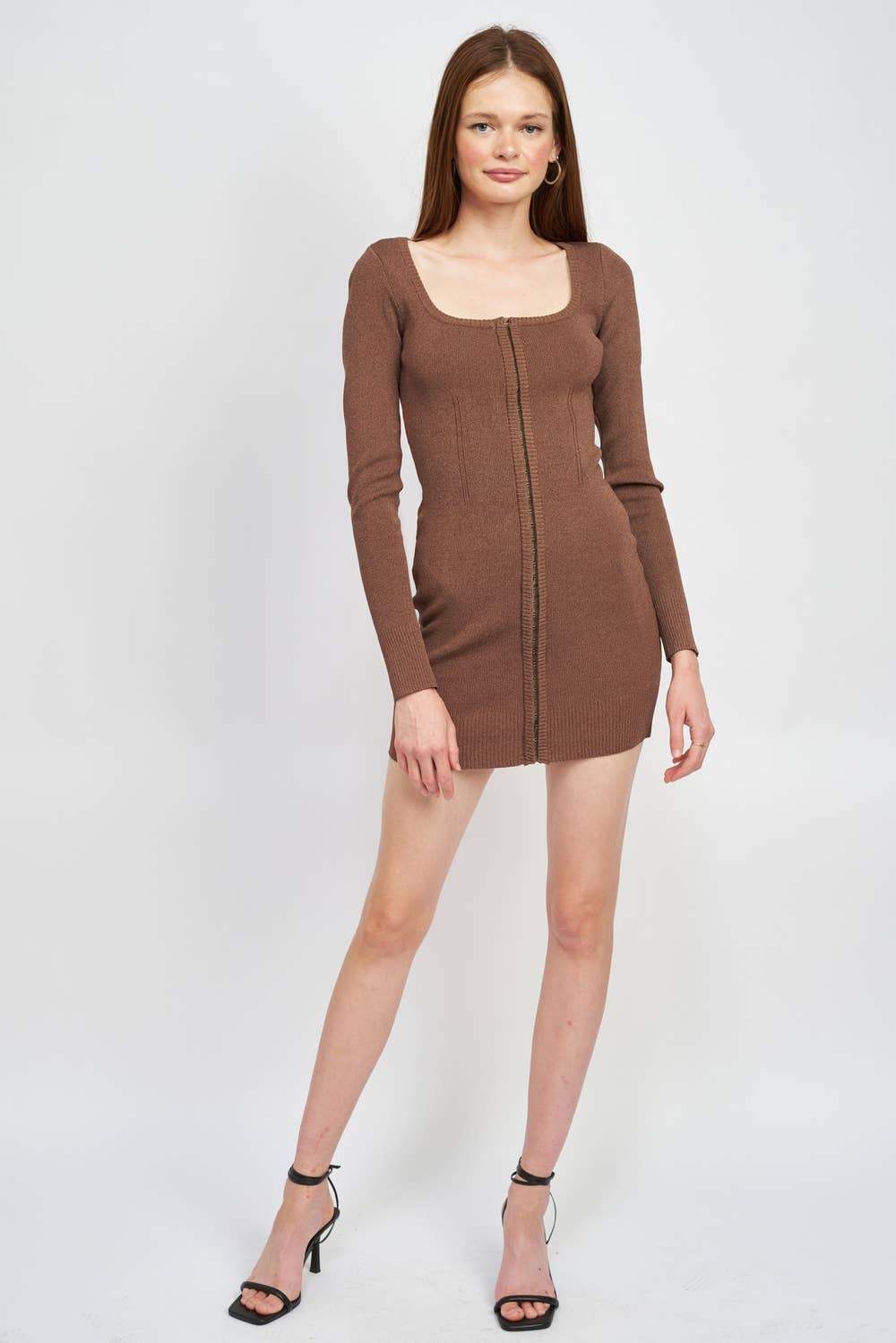 BROWN SQUARE NECK MINI DRESS WITH HOOK AND EYE CLOSURE for wholesale on Faire2