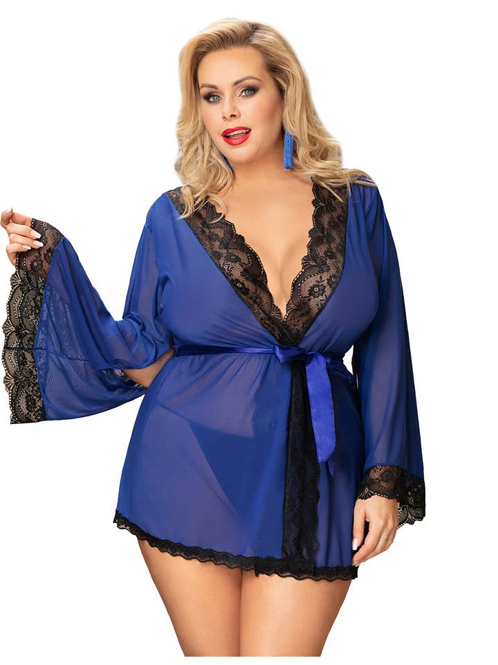 Lovely Lies - Wholesale Robe - Women's - Long Bell Sleeve in Blu, Red or Black Mesh Robe w/Thong